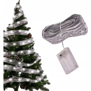 Vánoční dekorace VÁNOČNÍ STUHA NA STROMEČEK OZDOBNÁ STŘÍBRNÁ S BATERIEMI 30 LED 3m