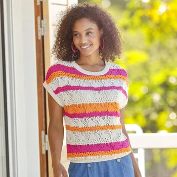 Dámská halenka Pruhovaná halenka z ažurového úpletu režná/růžová 42/44