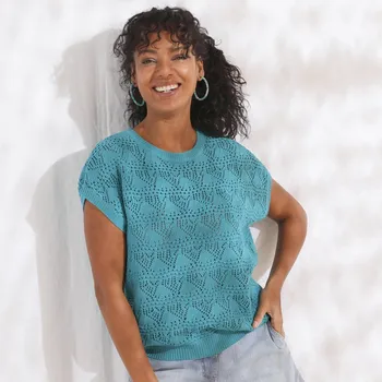 Dámská halenka Jednobarevná halenka z ažurového úpletu tyrkysová 34/36