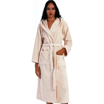 Dámský župan Béžový dámský dlouhý froté župan s kapucí do porodníce na kojení 1ZF3069 béžová l