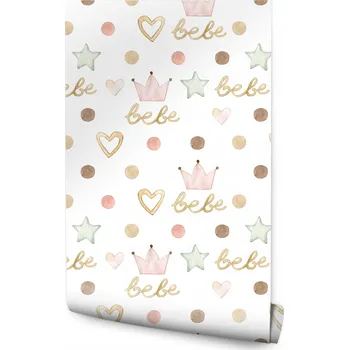 Fototapeta Tapeta pro holčičku Akvarelové puntíky, korunky, hvězdičky a Srdíčka