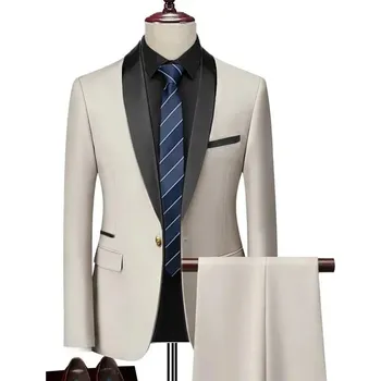 Pánský oblek Luxusní oblek na svatbu MC458 Velikost: S, Barva (Varianta): Sada 2 ks Béžová
