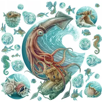 Obraz Nástěnné Samolepky Pohádkový Svět Loď Podmořský Svět Mořská Zvířata 60x58 cm