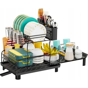 Odkapávač na nádobí DVOUÚROVŇOVÁ ODKAPÁVAČ NA NÁDOBÍ STOJÍCÍ ODKAPÁVAČ ČERNÁ KOVOVÁ POLIČKA