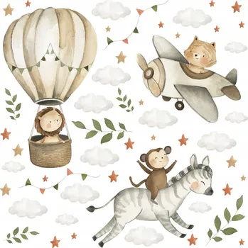 Obraz SADA samolepek pro děti Divoká zvířata Lev Zebra Opička Mraky Listy