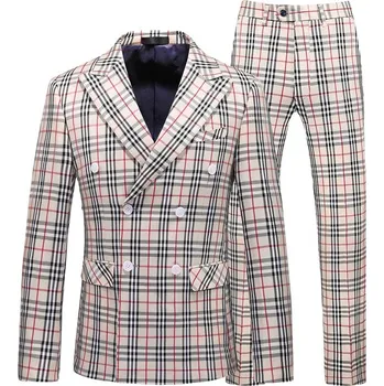 Pánský oblek Kostkovaný oblek 3v1 sako, vesta a kalhoty Velikost: L, Barva (Varianta): Sada 2 ks Khaki