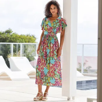 Dámské šaty Kreponové midi šaty s překříženým výstřihem a potiskem tyrkysová/růžová 52