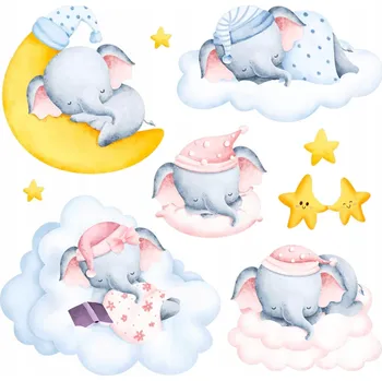 Obraz Dekorace do dětského pokoje Pastelová noční obloha Sloni a obláčky 60x84 cm