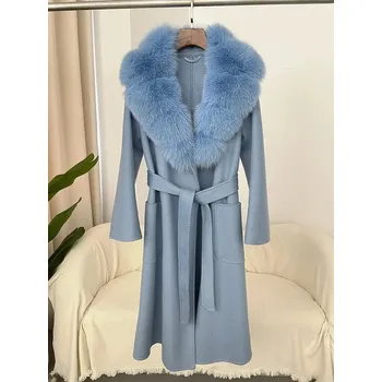 Dámský kabát Luxusní dámský kabát 100% vlna + límec z pravé liščí kožešiny Barva: Barevná, Velikost: M