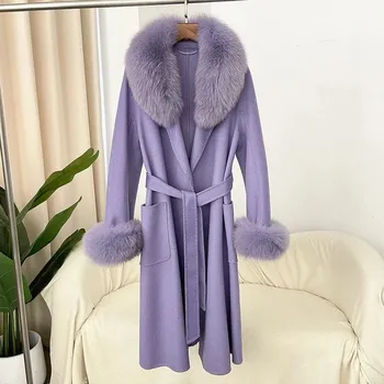 Dámský kabát Vlněný luxusní kabát s pravou liščí kožešinou Barva: Levandulová, Velikost: M