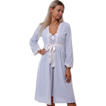 Dámská noční košile Šedý komplet košilka a župan pro ženy a dívky lemovaný růžovou krajkou 1G0550 šedá m