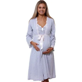 Dámská noční košile Šedý komplet košilka a župan do porodnice lemovaný růžovou krajkou 1G0550 šedá xl