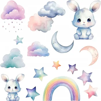 Obraz Dětské Samolepky Roztomilí Zajíčci Nebe Duha Měsíce Hvězdy - 60x80 cm