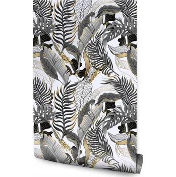 Fototapeta Tapeta do jídelny ABSTRAKTNÍ Černo-Zlaté Tropické Listy Line-art