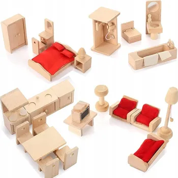 Doplněk pro panenku Dřevěný nábytek pro panenky, sada 24 ks