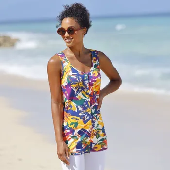 Dámská móda Tunika na knoflíčky, s potiskem modrá/šafránová 34/36