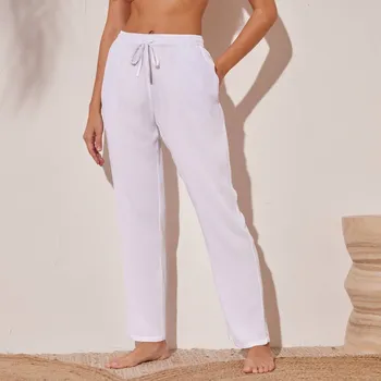 Dámské kalhoty Jednobarevné rovné kreponové kalhoty bílá 46