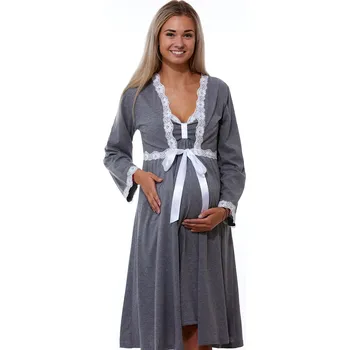 Dámská noční košile Tmavě šedý komplet košilka a župan do porodnice lemovaný bílou krajkou 1G0551 šedá xl