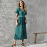 Jednobarevné kreponové midi šaty s překříženým výstřihem tyrkysová 56