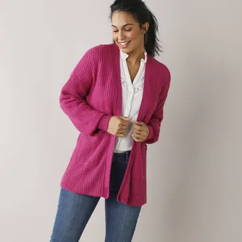 Dámský svetr Dlouhý kardigan bez zapínání, hladký pletený vzor purpurová 34/36