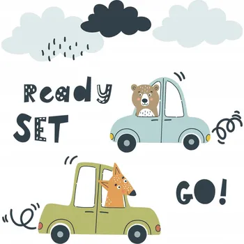 Obraz Samolepky pro děti na zeď, nábytek, skříň, dveře - Zvířátka v autech 60x81 cm