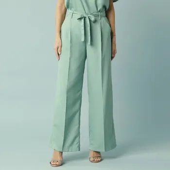 Dámské kalhoty Široké dlouhé kalhoty s pružným pasem a páskem, pro menší postavu zelená 42