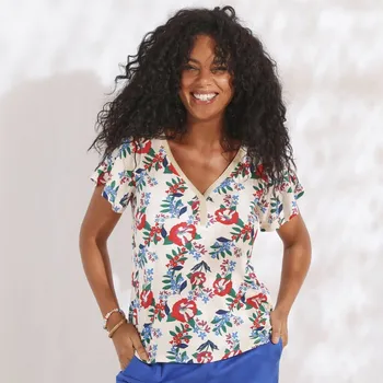 Dámské tričko Tričko s výstřihem do V a třpytivou lemovkou, s potiskem režná 52