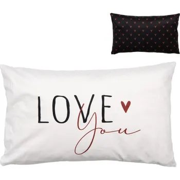 Dekorativní polštářek Černo-bílý obdélníkový s nápisem Love You a červenými elementy Happy and Smile – 30x50 cm