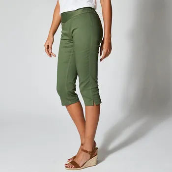 Dámské kalhoty Strečové 3/4 kalhoty s efektem plochého břicha khaki 40