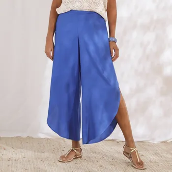 Dámské kalhoty Široké kalhoty s hlubokými rozparky modrá 54