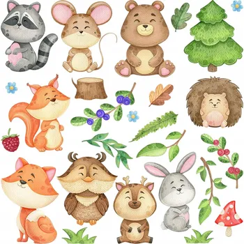 Obraz Sada Nálepek Roztomilá Zvířátka a Rostliny Lesa Malované Akvarelem 60x64 cm