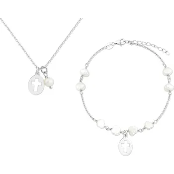 Souprava šperků Set náramek + řetízek Křížek & sladkovodní perla + dárková krabička 2548