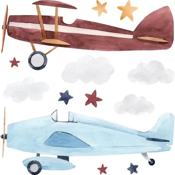 Obraz Samolepky Vyřezávané podle Obrysu Dvě Letadla Oblaka Hvězdy Akvarel 60x74 cm