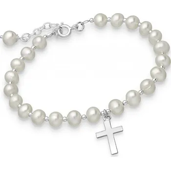 Náramek Náramek korálkový White Fresh Pearls s přívěskem křížku 2227