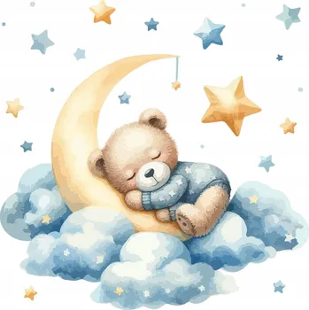 Obraz Dekorace Samolepky Roztomilý Medvídek Spící na Měsíci Mezi Mraky a Hvězdami 60x57 cm