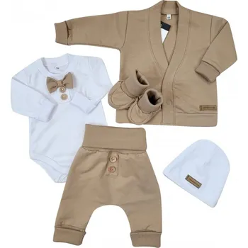 Kojenecká souprava Kazum Bavlněná sada, body, kalhoty, motýlek a čepice Elegant Boy 5D, Kazum Velikost: 68 (3-6m), Barva: Mocca/bílá