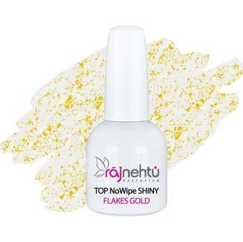 Lak na nehty Ráj nehtů UV gel lak TOP NoWipe Shiny Flakes Gold 15ml