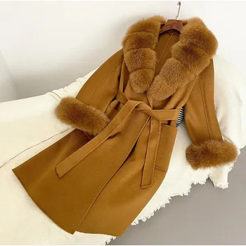 Dámský kabát Vlněný luxusní kabát s pravým kožichem liška Barva: Tmavě Hnědá, Velikost: M