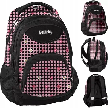 Školní batoh ŠKOLNÍ BATOH PRO MLÁDEŽ FLOWERS BeUniq květy kostkovaná růžová