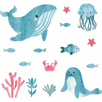 Obraz Nálepky Na Zeď Sada Vodní svět Mořská zvířata a rostliny 60x109 cm