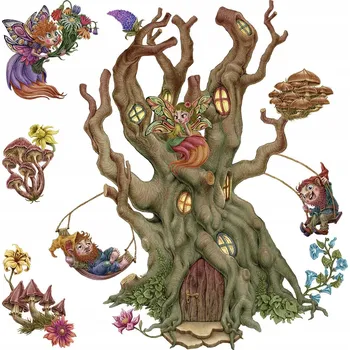 Obraz Ozdobné Samolepky Lesní stvoření Víly Skřítci a Domeček Strom 60x96 cm
