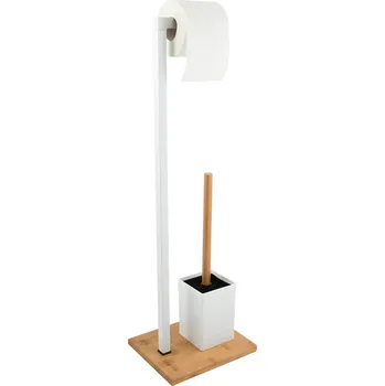 MSV stojan na toaletní papír s WC štětkou SQUARE, bílý, ocel, bambus