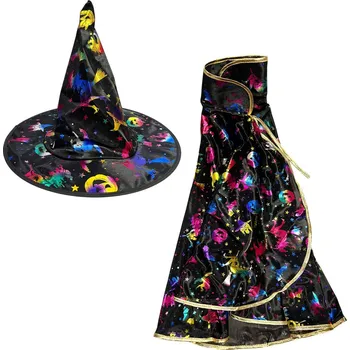 Karnevalový doplněk Čarodějnický plášť s kloboukem čarodějnický vzor černo-barevný