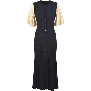 Dámské šaty Dlouhé svetrové šaty s knoflíky a prolamovanými vzory Barva: Černá, Velikost: S