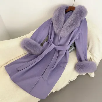 Dámské oblečení Vlněný luxusní kabát s páskem a liškou Barva: Levandulová, Velikost: S