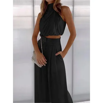 Saténový set top s rolákem a široké kalhoty Barva: Černá, Velikost: XL