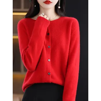 Dámský svetr Dámský vlněný cardigan na knoflíky Velikost: L, Barva (Varianta): Červená