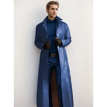 Pánský kabát Pánský dlouhý kožený kabát trenč Barva: Modrá, Velikost: S