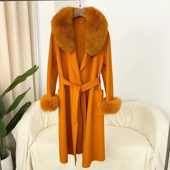 Dámský kabát Vlněný luxusní kabát s pravou liščí kožešinou Barva: Oranžová, Velikost: M