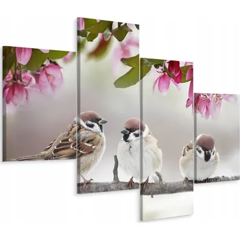 Obraz Čtyřdílný obraz vrabci Květiny Listy 3D 80x50